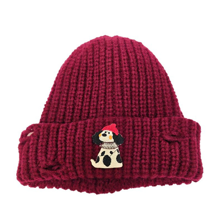 流行帽子｜韓版小狗貼布破洞帽子女秋冬季加厚保暖毛線帽可愛針織護耳包頭帽「C5756」25.11-1