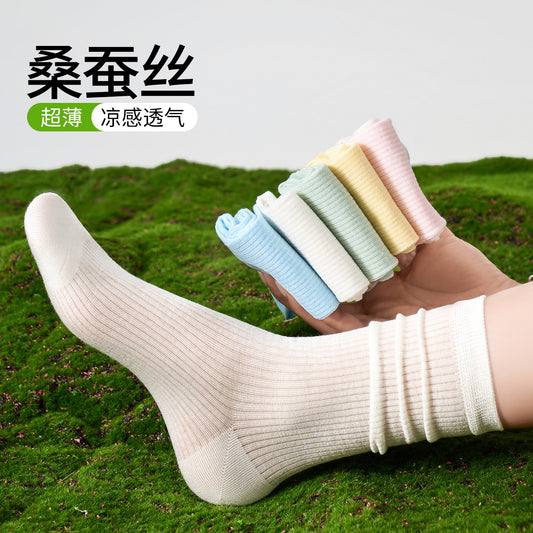 女襪｜桑蠶絲襪子女夏季薄款網眼透氣涼感堆堆襪無骨抑菌防臭襪子「MI1143」25.05-2