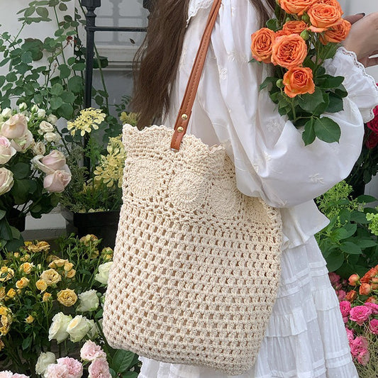 日韓流行 | 大容量編織托特包包女2025夏季新款鉤織棉繩手提包海邊沙灘單肩包「9599#」25.05-1