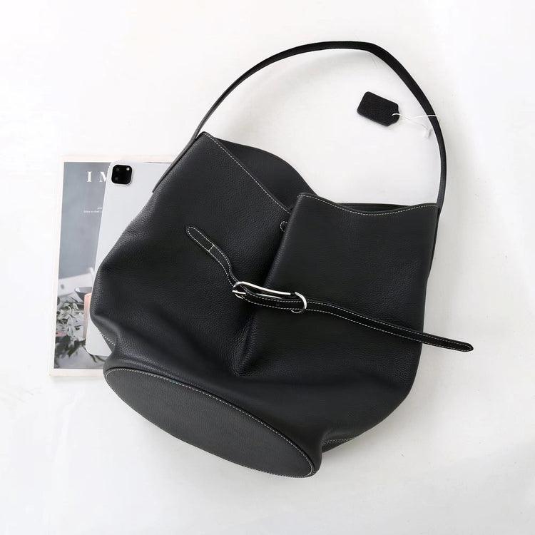 質感真皮｜2025新頭層牛皮托特包hobo腋下包皮帶裝飾餃子水桶包百搭單肩包「6185」25.11-2