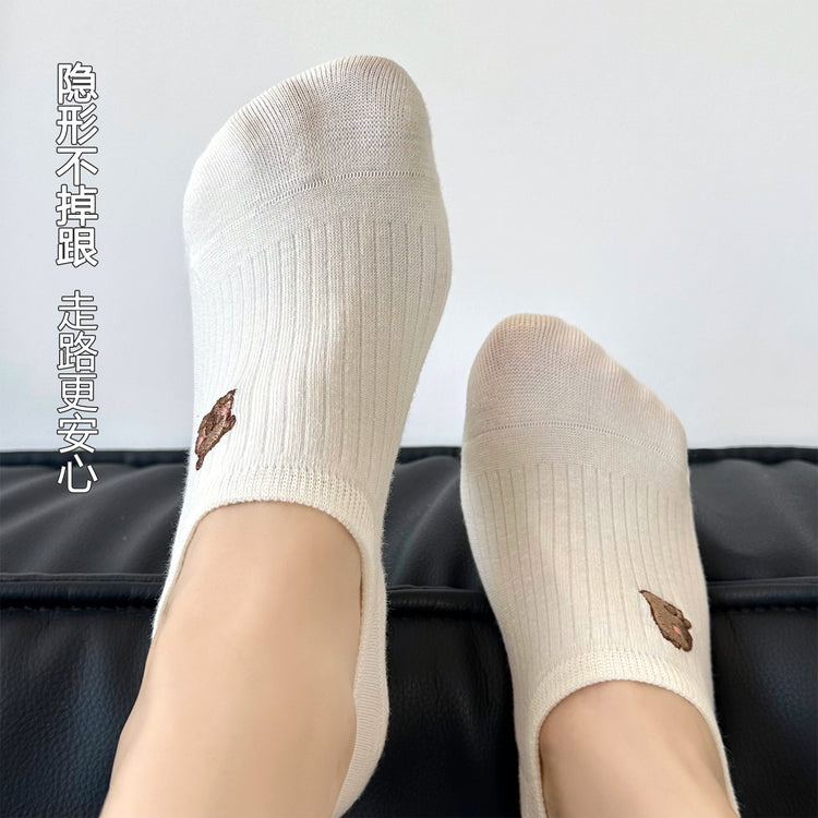 女襪｜襪子女士棉質親膚吸汗透氣彈力無骨隱形襪卡通刺繡不掉跟船襪「H5606」25.05-3