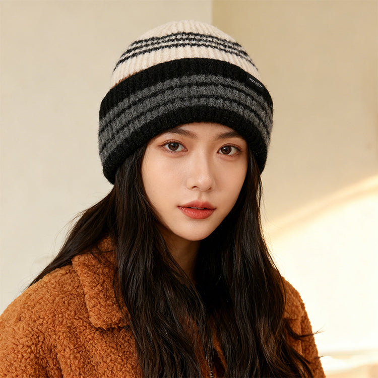流行帽子｜韓版ins條紋拼色帽子女秋冬保暖針織毛線帽男顯臉小戶外堆堆冷帽「C5865」25.11-4