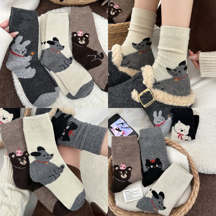 女襪｜後跟卡通圖案襪子女冬季加厚保暖羊毛襪日系學院風彈力舒適中筒襪「GO2585」25.11-4