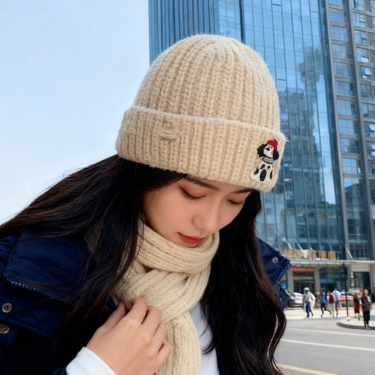 流行帽子｜韓版小狗貼布破洞帽子女秋冬季加厚保暖毛線帽可愛針織護耳包頭帽「C5756」25.11-1