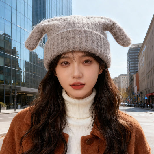 流行帽子｜可愛搞怪毛線帽子女秋冬保暖護耳帽日系惡魔角手工針織冷帽套頭帽「C5702」25.10-2
