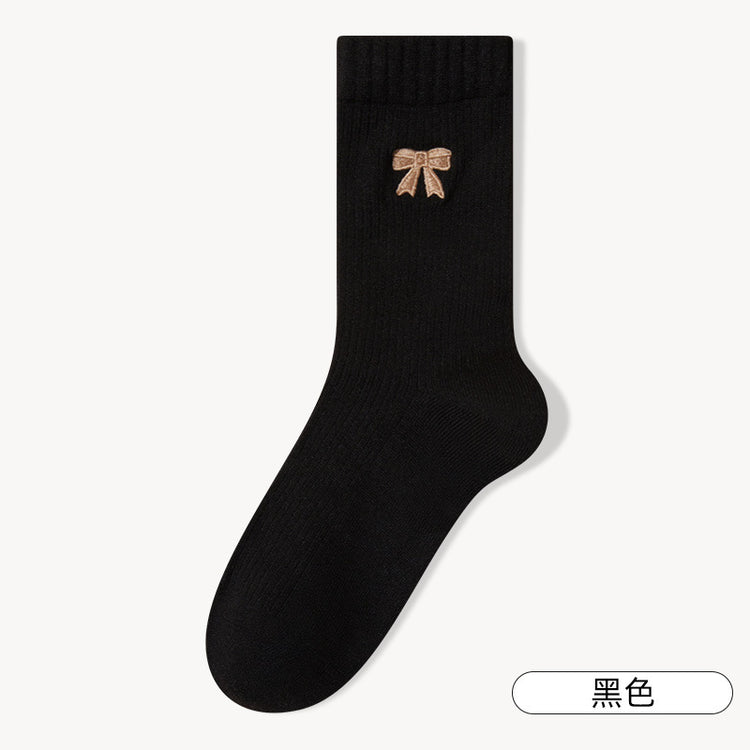 女襪｜刺繡蝴蝶結襪子女秋冬加絨加厚蓄熱保暖中筒襪親膚舒適產後月子襪「MYH24151」25.10-1