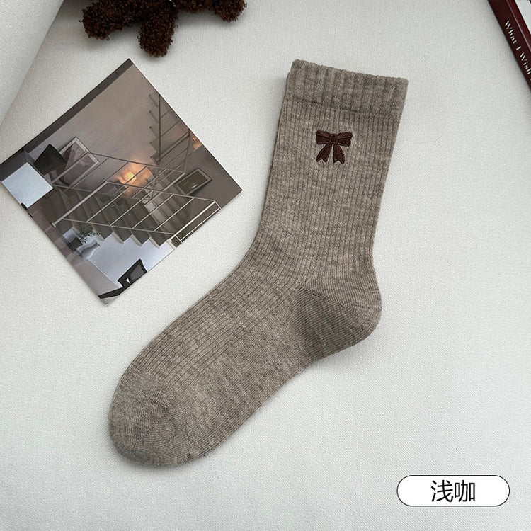 女襪｜美拉德襪子女秋冬ins潮棉質吸汗透氣中筒襪韓系蝴蝶結彈力堆堆襪「MYH24151」25.10-3