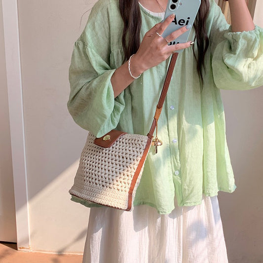 日韓流行 | 女式夏季編織包肩斜背包夏天度假沙灘風草編小包包休閒手機包「H9020」25.08-1