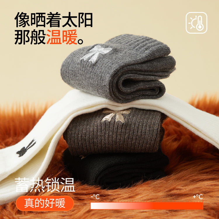 女襪｜刺繡蝴蝶結襪子女秋冬加絨加厚蓄熱保暖中筒襪親膚舒適產後月子襪「MYH24151」25.10-1