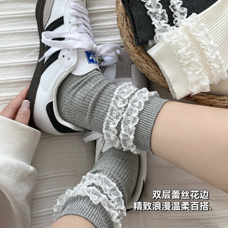 女襪｜雙層蕾絲花邊襪子女竪條顯瘦彈力舒適中筒襪棉質吸汗透氣堆堆襪「XC2350」25.09-5