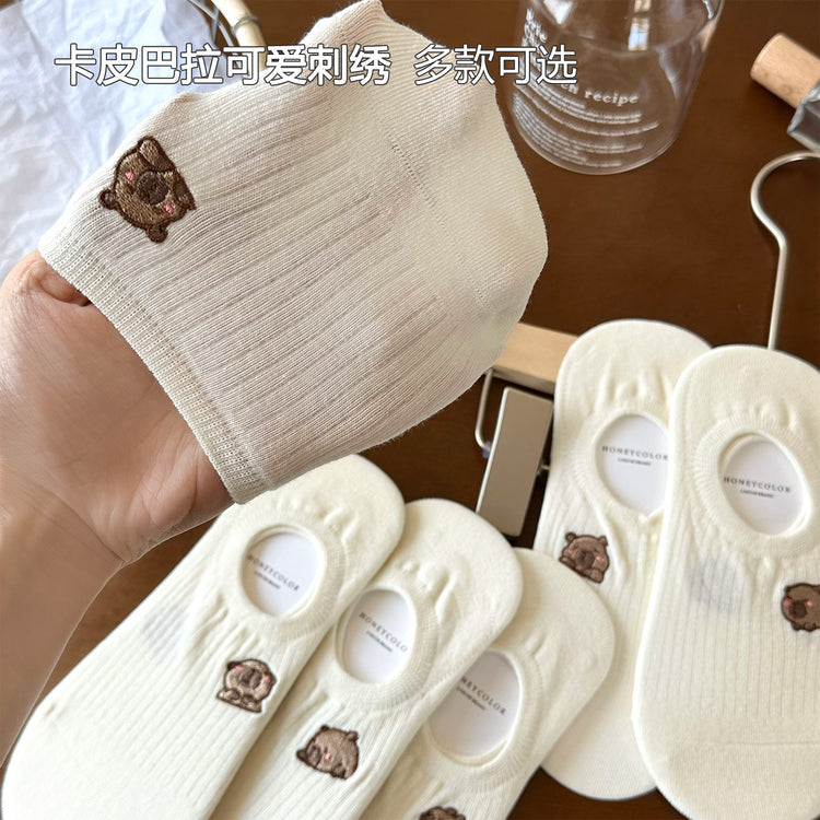 女襪｜襪子女士棉質親膚吸汗透氣彈力無骨隱形襪卡通刺繡不掉跟船襪「H5606」25.05-3