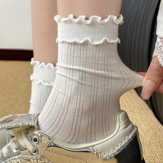 女襪｜白色雙木耳邊襪子女miu系竪條顯瘦彈力中筒襪棉質吸汗防臭堆堆襪「NY2626」25.07-4