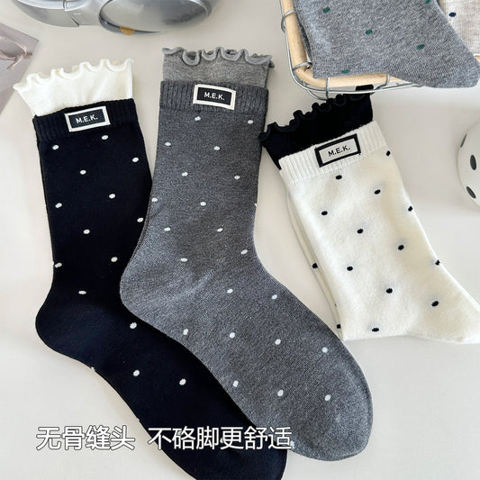 女襪｜撞色雙羅口襪子女棉質吸汗透氣彈力無骨中筒襪復古波點襪身堆堆襪「MK5101」25.08-3