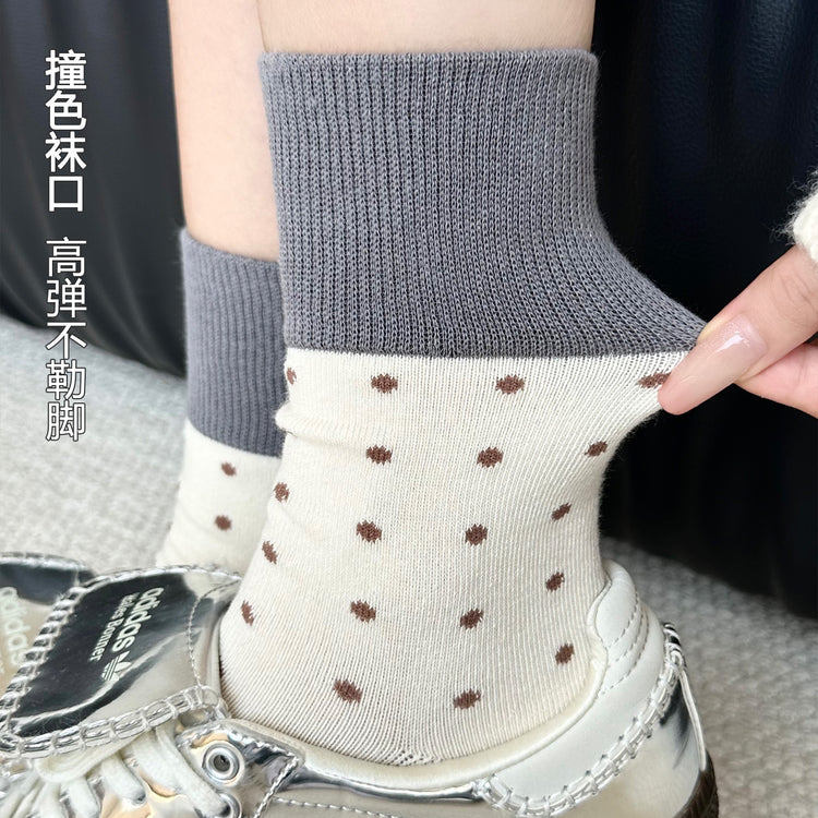 女襪｜襪子女士經典撞色波點個性復古堆堆襪秋冬季保暖學院風中筒襪「YJ23128」25.10-1