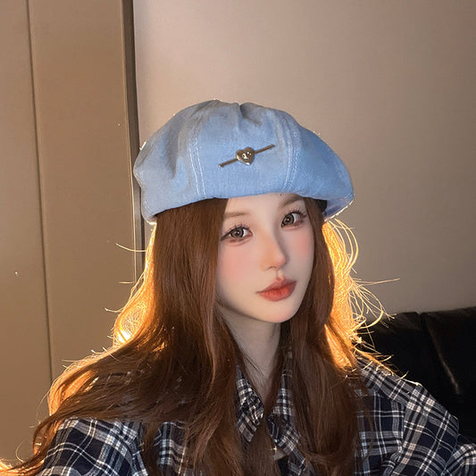 流行帽子 | 愛心復古牛仔貝雷帽女士休閒復古文藝畫家帽時尚百搭顯臉小畫家帽「C4291」24.08-4