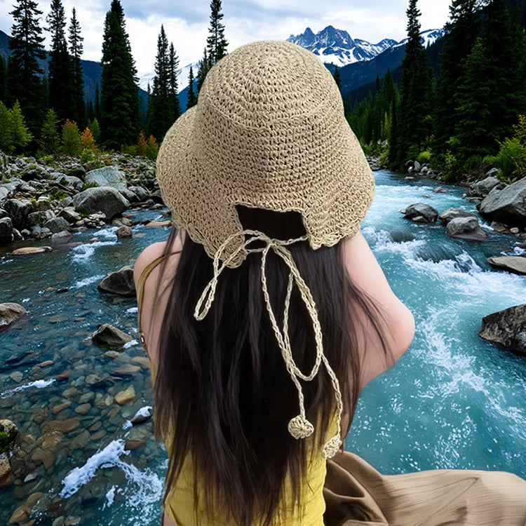 流行帽子｜手工編織鏤空草帽子女夏可折疊海邊度假遮陽防曬帽百搭大檐太陽帽「C5326」25.06-3