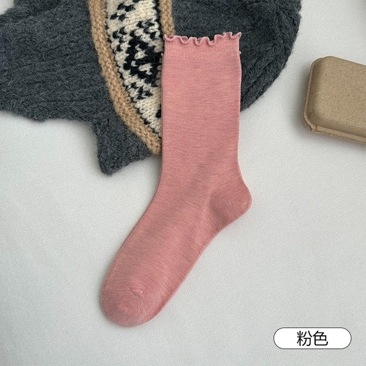 女襪｜白色堆堆襪子女美利奴羊毛木耳邊中筒襪秋冬保暖蓄熱鎖溫襪子「JX7855」25.10-4