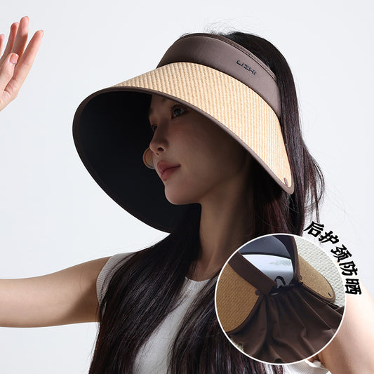 流行配飾 |曬帽空頂女夏季新款後護頸空頂帽環繞式遮臉防紫外線黑膠沙灘帽「C3889」24.04-5