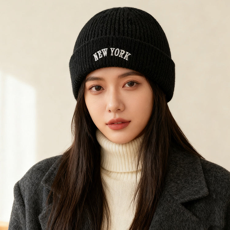 流行帽子｜美式刺繡針織帽子女秋冬韓版字母毛線帽保暖百搭套頭護耳冷帽男潮「C5832」25.11-3