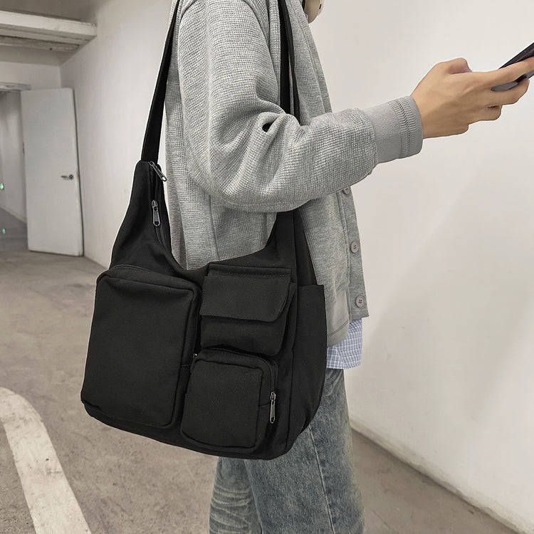 致青春｜復古大容量斜背包休閒多口袋托特包百搭通勤單肩包學生上課包「5017-128」25.11-1