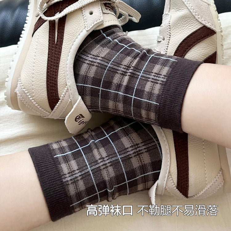 女襪｜復古格子襪子女ins潮學院風甜美百搭中筒襪棉質吸汗透氣堆堆襪「CX805」25.10-1