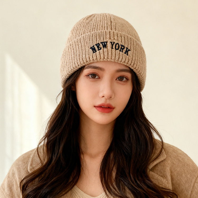 流行帽子｜美式刺繡針織帽子女秋冬韓版字母毛線帽保暖百搭套頭護耳冷帽男潮「C5832」25.11-3