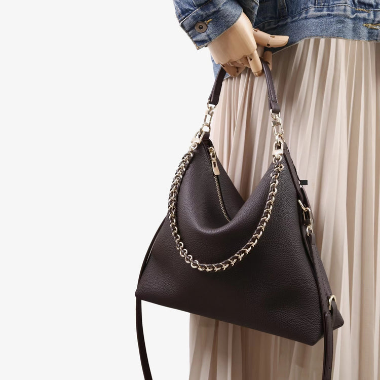 質感真皮｜2025新款潮流時尚百搭休閒頭層軟牛皮鏈條荔枝紋單肩包斜挎通勤托特包「6667」25.12-2