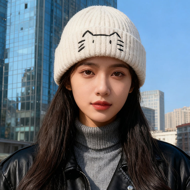 流行帽子｜可愛小貓毛線帽子女秋冬新款顯臉小保暖護耳針織帽學生套頭冷帽男「C5617」25.11-1
