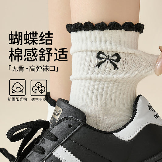女襪｜miu系蝴蝶結襪子女彈力無骨吸汗透氣中筒襪棉質親膚舒適堆堆襪「ZX25509」25.08-3