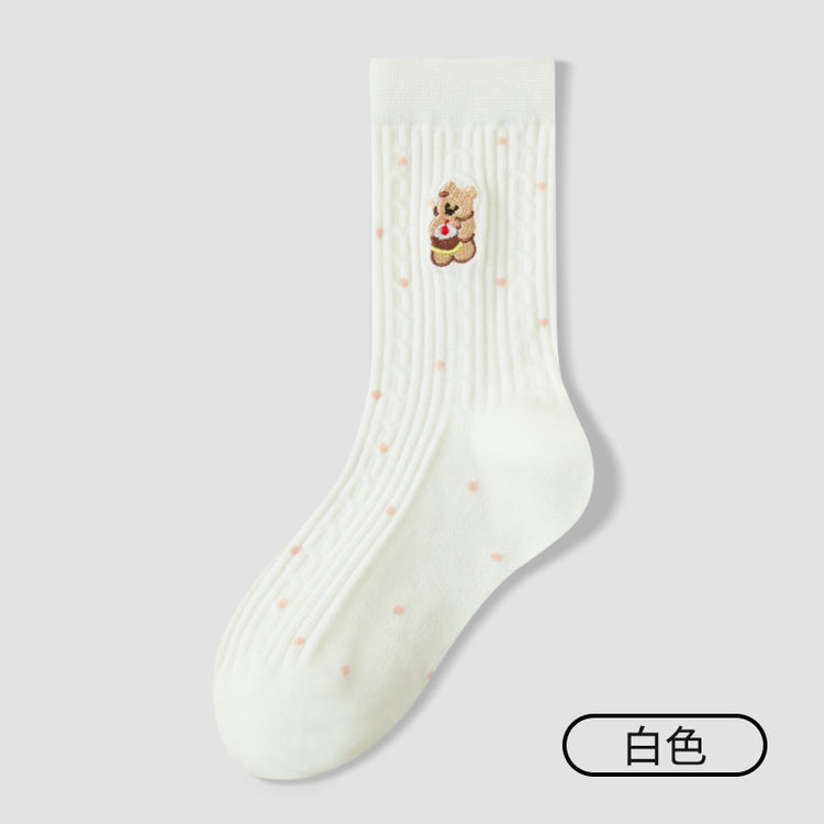 女襪｜襪子女士秋冬棉質刺繡可愛小熊堆堆襪彈力無骨吸汗透氣中筒襪「ZX25517」25.10-4