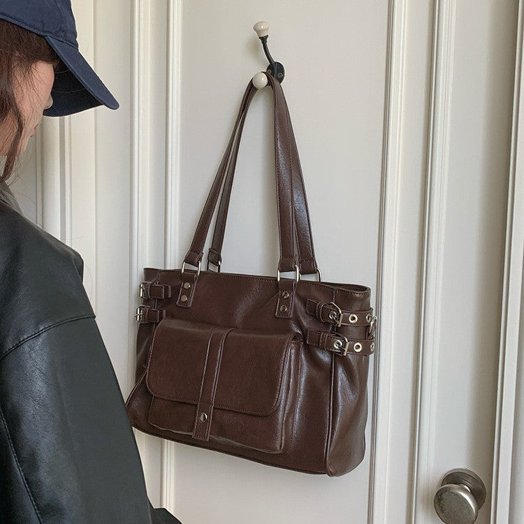 日韓流行｜秋冬2025新款復古咖色百搭大容量通勤托特包韓版學院風單肩斜挎包「F9050」25.12-1