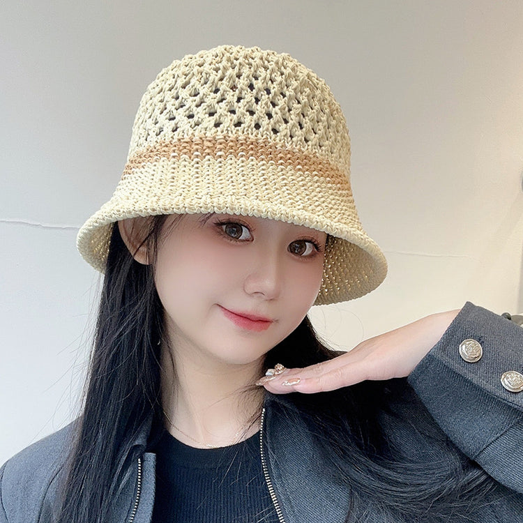 流行帽子｜夏季新款鏤空透氣帽子女編織草帽遮陽沙灘水桶帽海邊太陽帽子批發「C5038」25.05-2