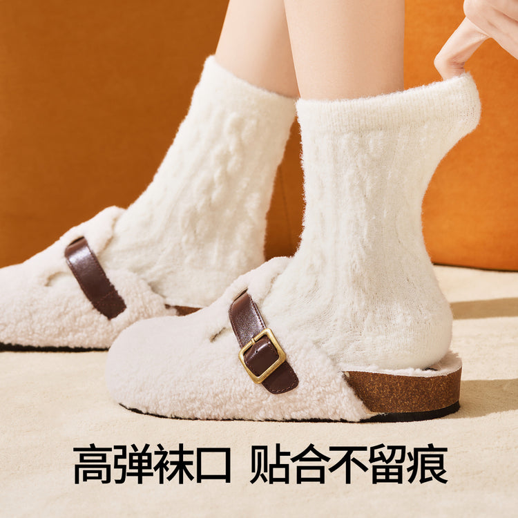 女襪｜澳絨睡眠襪子女冬季加厚保暖中筒襪糖果色麻花紋理居家蓄熱地板襪「TM3599」25.12-1