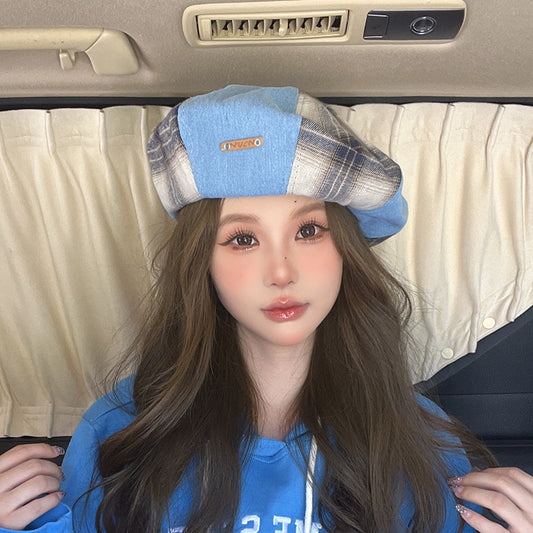 流行帽子 |  復古格子拼接貝雷帽女夏季百搭小眾顯臉小大頭圍畫家帽八角帽子潮「C4210」24.07-5