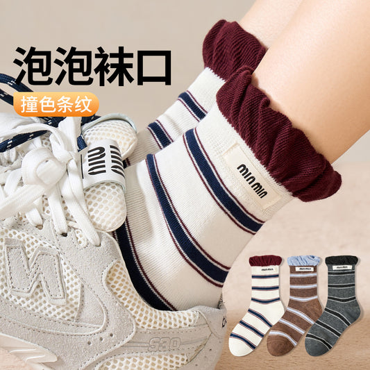 女襪｜撞色條紋襪子女韓系泡泡口親膚舒適中筒襪吸汗透氣彈力無骨堆堆襪「D2543」25.10-2