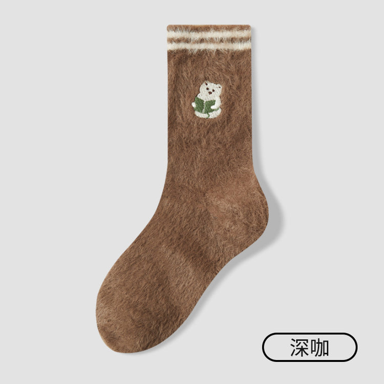 女襪｜水貂絨襪子女冬季加絨加厚居家保暖地板襪卡通刺繡親膚舒適堆堆襪「YM1159」25.11-1