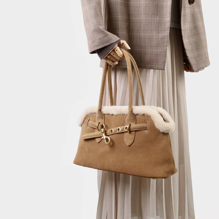 質感真皮｜2025新款復古磨砂毛絨拼接手提包大容量通勤腋下包女包包小眾設計「8358」25.11-3