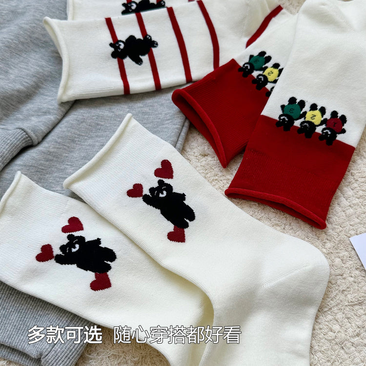 女襪｜卷邊襪子女可愛卡通動物圖案堆堆襪棉質吸汗透氣親膚舒適襪子「WN2515」25.08-4