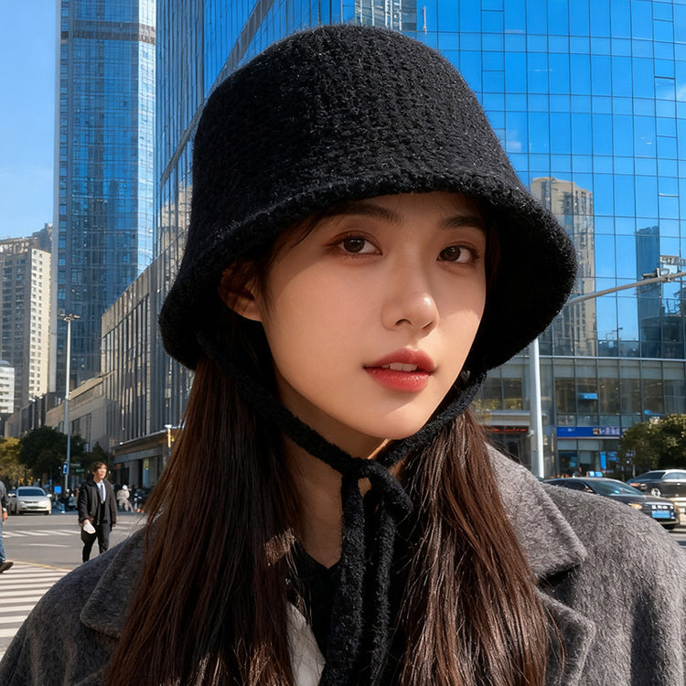 流行帽子｜韓系毛絨針織系帶漁夫帽子女秋冬顯臉小百搭盆帽大頭圍保暖水桶帽「C5743」25.10-4