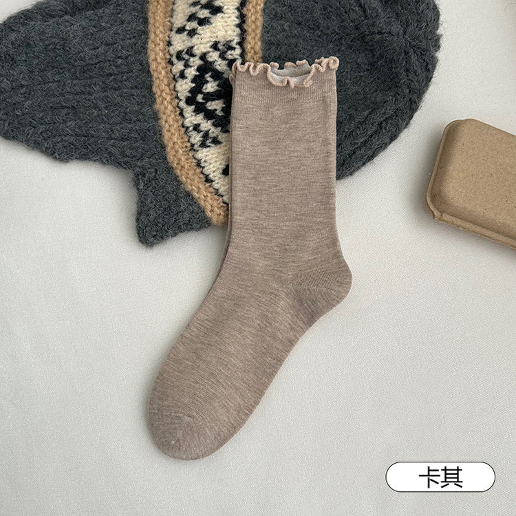 女襪｜白色堆堆襪子女美利奴羊毛木耳邊中筒襪秋冬保暖蓄熱鎖溫襪子「JX7855」25.10-4