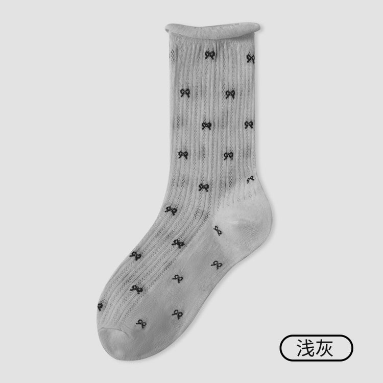 女襪｜蝴蝶結襪子女彈力卷邊網眼透氣中筒襪棉質吸汗親膚舒適襪子「JFT25822」25.07-3