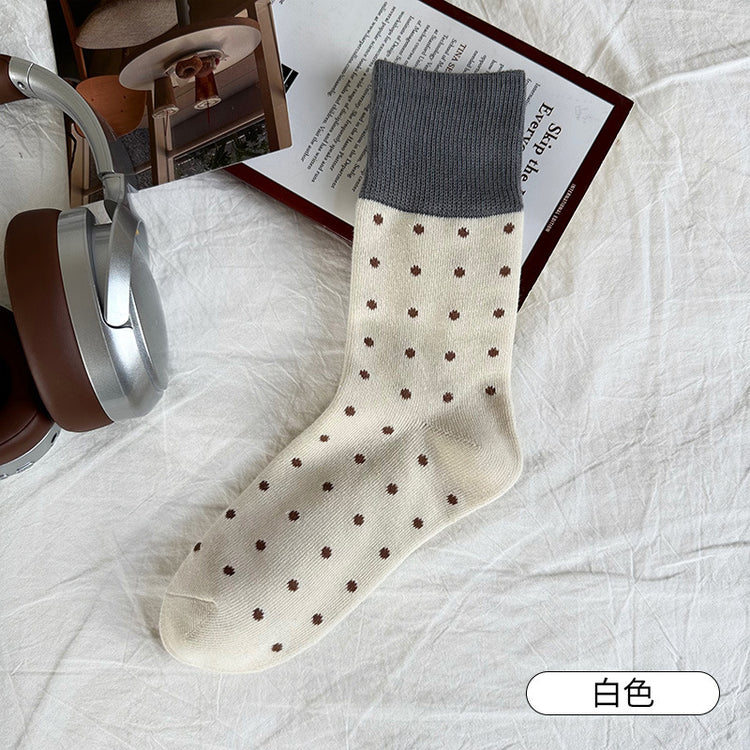 女襪｜襪子女士經典撞色波點個性復古堆堆襪秋冬季保暖學院風中筒襪「YJ23128」25.10-1