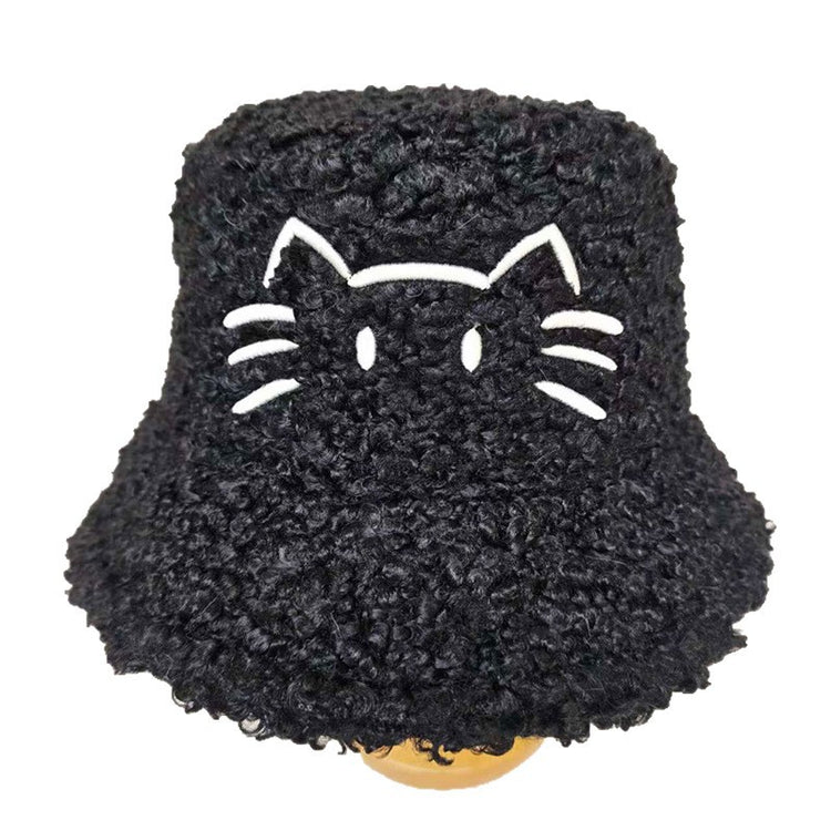 流行帽子｜韓國東大門冬季新款帽子女羊羔毛小貓刺繡漁夫帽顯臉小保暖水桶帽「C5767」25.11-1