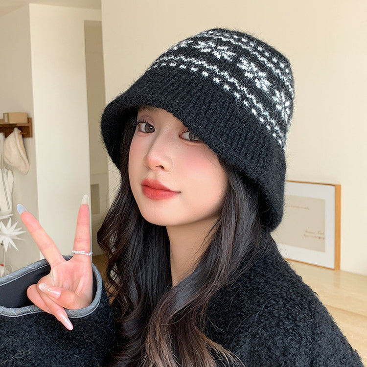 流行帽子｜秋冬日系復古漁夫帽子女雪花針織盆帽加厚保暖百搭顯臉小毛線帽潮「C5644」25.09-4