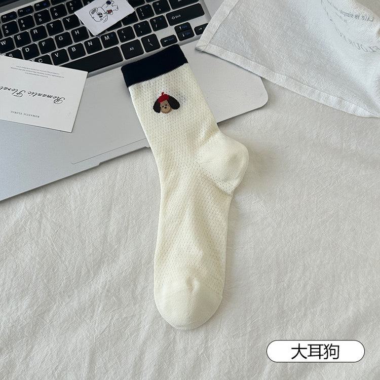 女襪｜卡通圖案襪子女夏季薄款網眼透氣中筒襪吸濕排汗通勤簡約堆堆襪「MK5072」25.05-3