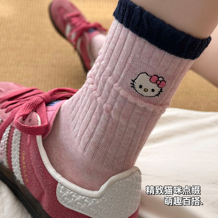 女襪｜卡通後跟AB刺繡襪子女ins潮學院風撞色中筒襪棉質吸汗透氣運動襪「XHS25107」25.09-4