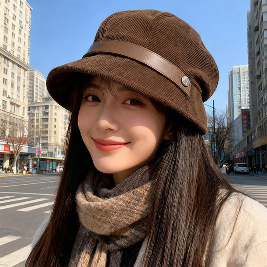 流行帽子｜秋冬燈芯絨漁夫帽子女2025新款一帽多戴禮帽休閒百搭保暖貝雷帽潮「C5636」25.09-4