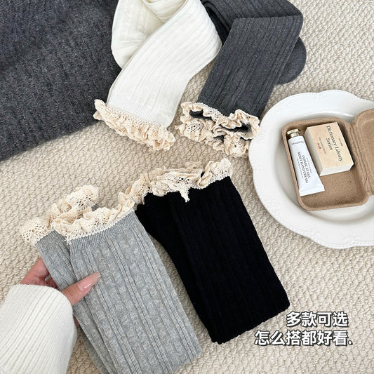 女襪｜白色襪子女ins潮蕾絲花邊襪口小腿襪棉質吸汗透氣彈力無骨長筒襪「XC2365」25.09-4