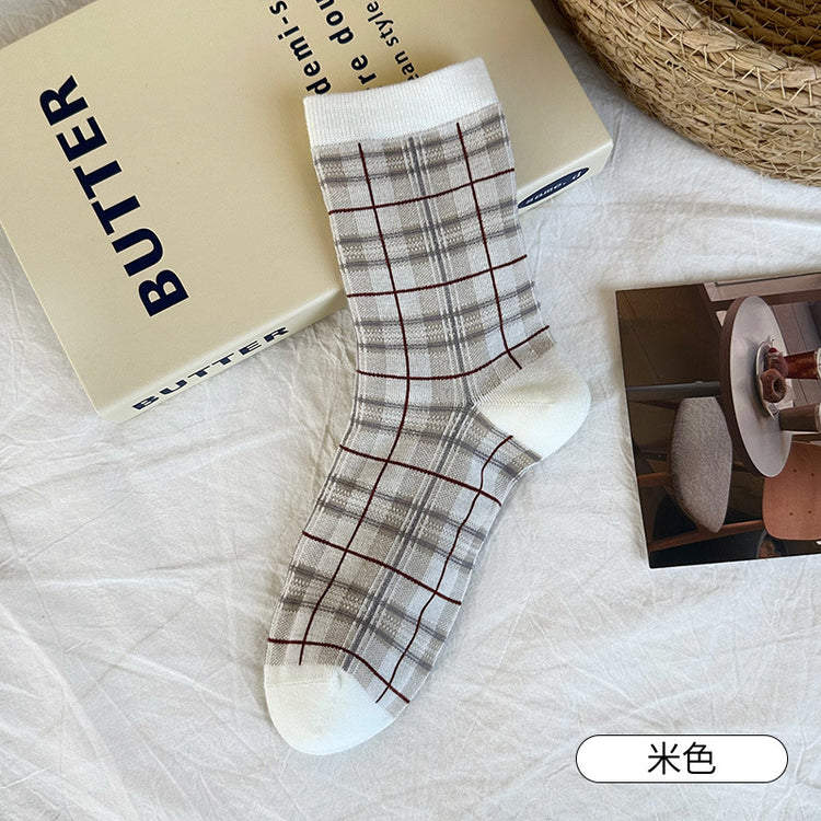 女襪｜復古格子襪子女ins潮學院風甜美百搭中筒襪棉質吸汗透氣堆堆襪「CX805」25.10-1
