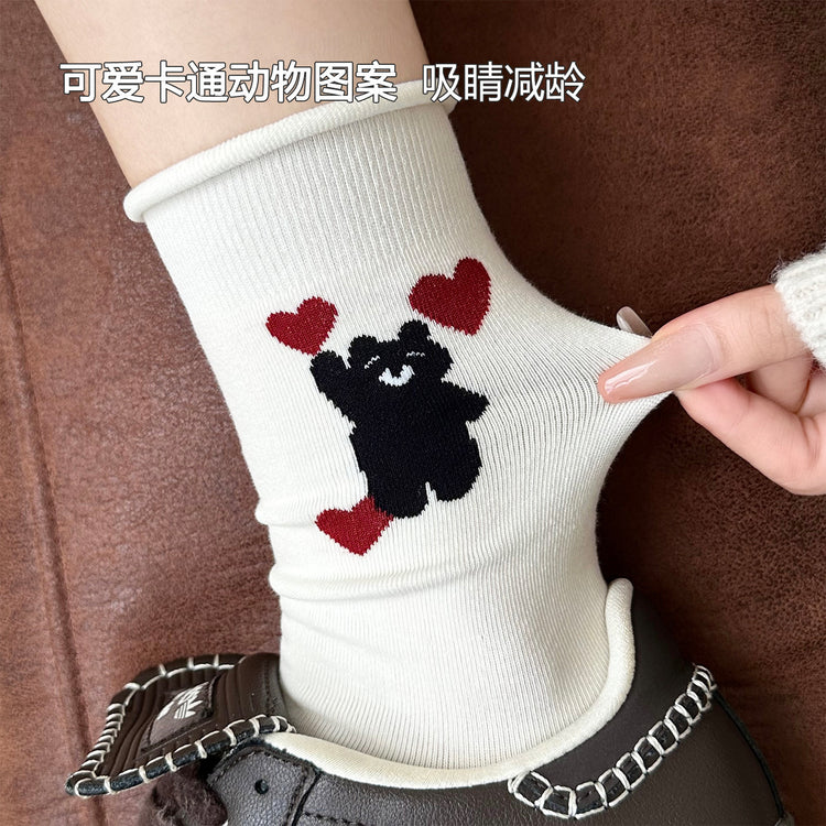 女襪｜卷邊襪子女可愛卡通動物圖案堆堆襪棉質吸汗透氣親膚舒適襪子「WN2515」25.08-4